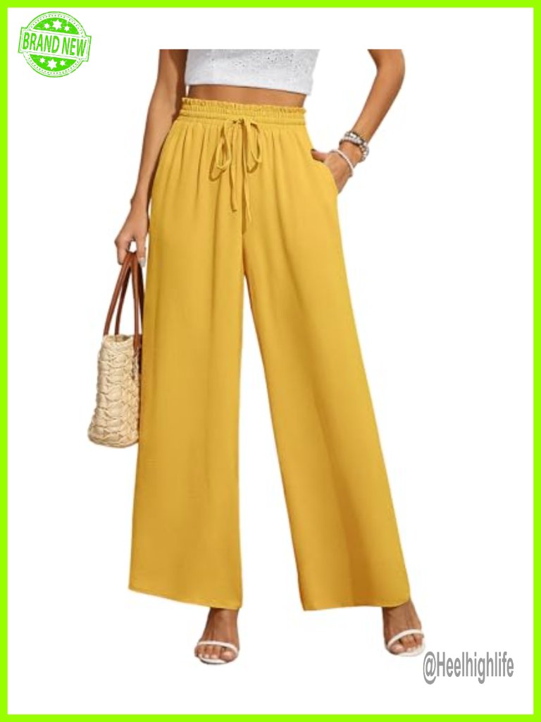 Women's Casual Wide Leg Pants Flowy Adjustable Tie Knot Elastic Waist Pants